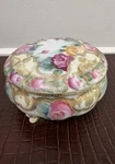 Antique Nippon Hand Painted Porcelain Dresser Box - Gilded, Beaded & Footed. Fixed Price $25.00.