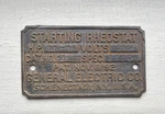 1892 Pat. General Electric Builders Plate Starting Rheostat 11-15 Hp Motor. Fixed Price $50.00.